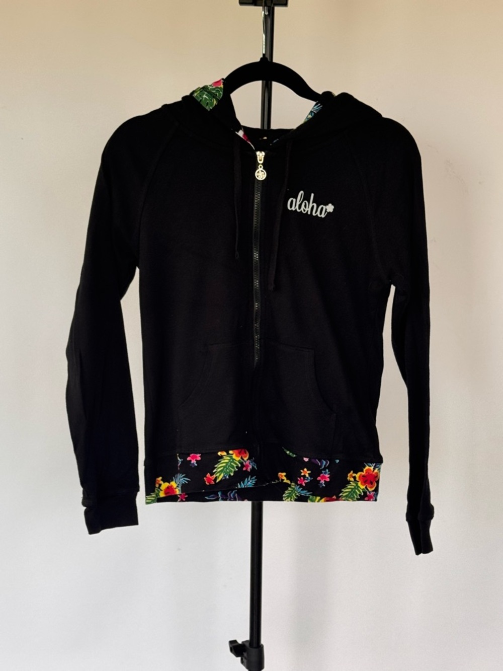 Black 'aloha' Zip Hoodie with Floral Trim